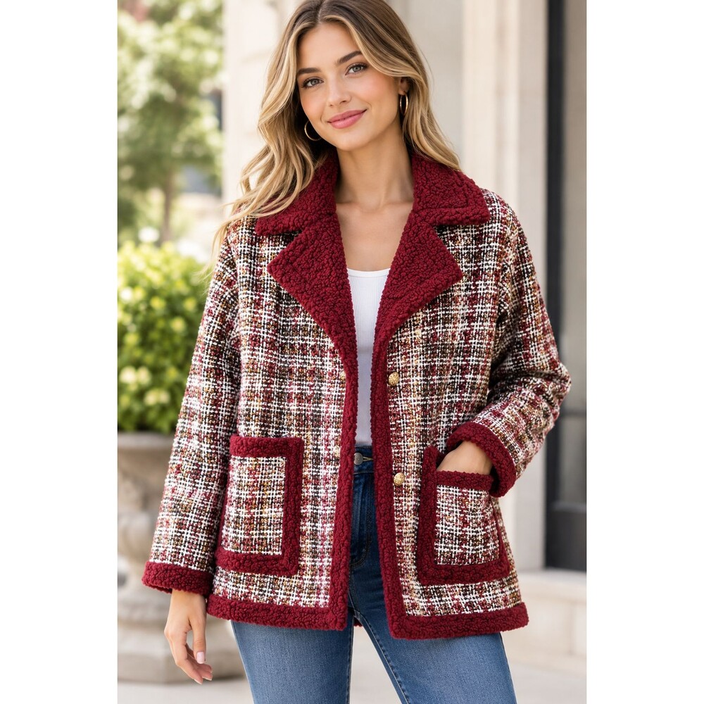 SHEIN Women’s Tweed Jacket Small S Oversized Burgundy Gold Sparkle Sherpa Trim